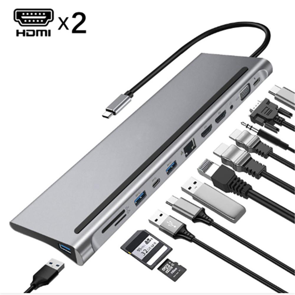 12 in 1 USB C 허브 노트북 도킹 스테이션 타입-C-듀얼 HDMI-호환/VGA/USB 3.0 허브/PD/RJ/Micro-SD/TF 카드 도킹 어댑터